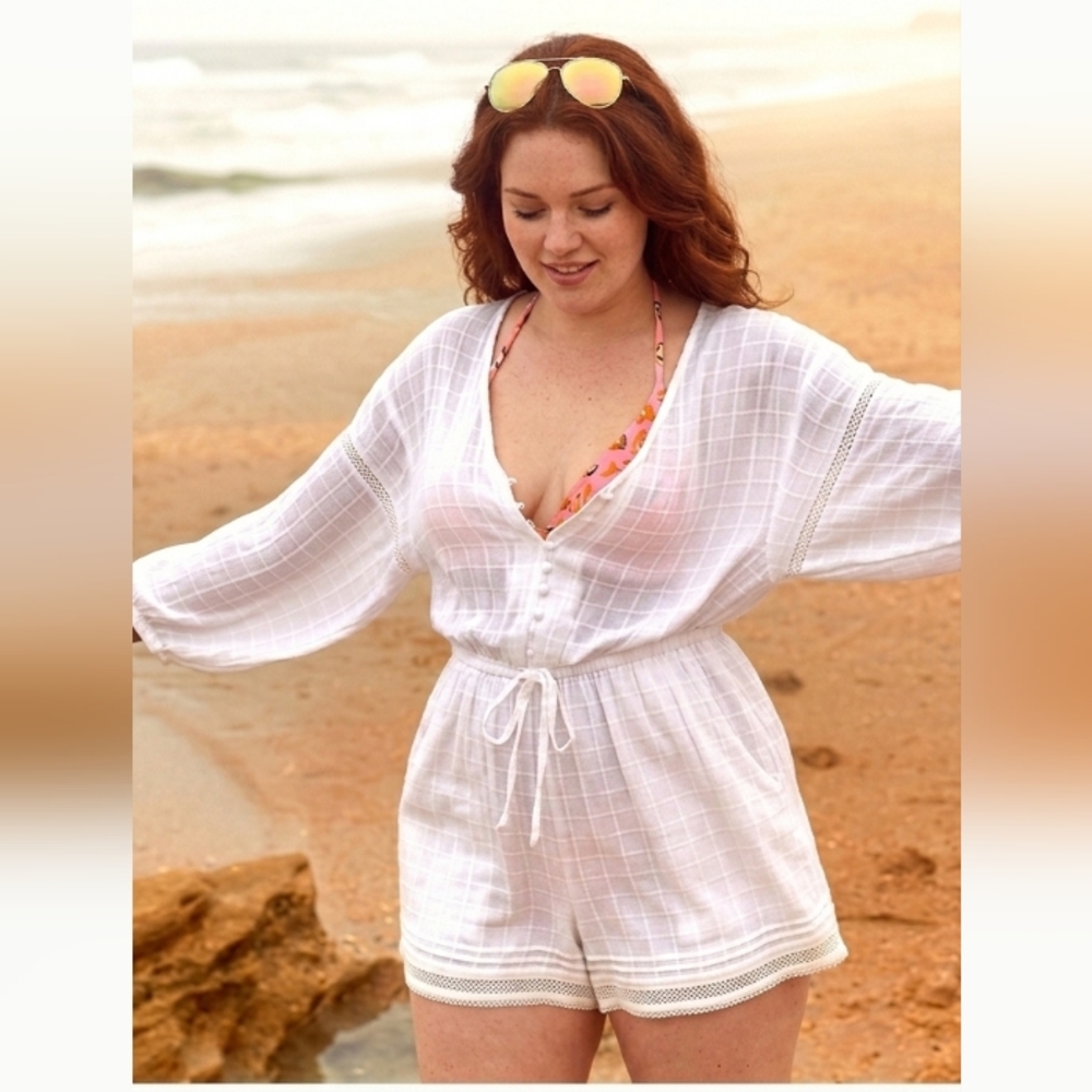 AERIE Linen Blend White Romper Sz 2XL